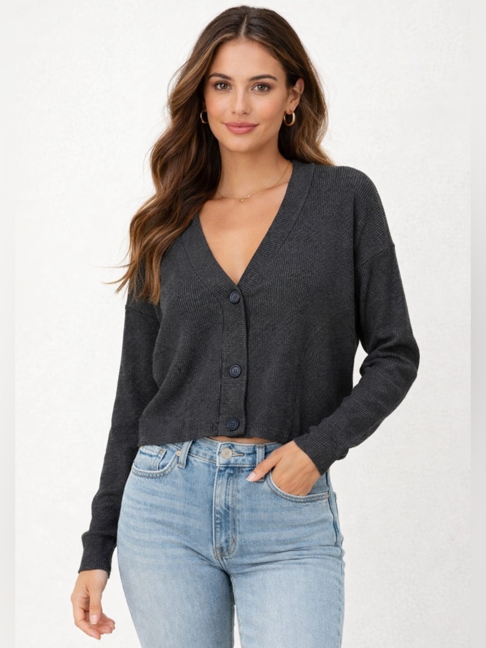 Colsie Cardigan Cropped Gray Ribbed Button V Neck Lightweight